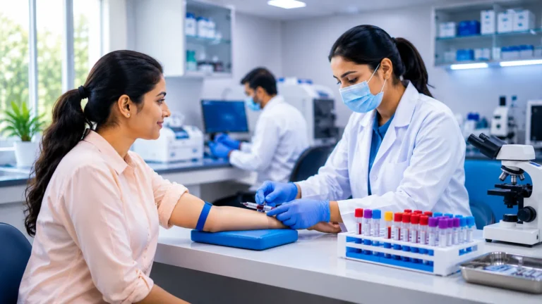 Patient giving a blood sample at the best diagnostic centre in Kharagpur with healthcare professionals conducting accurate medical testing.