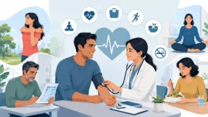 Illustration of adults undergoing routine early health checkups with a doctor, surrounded by wellness and preventive healthcare elements like healthy lifestyle, fitness, nutrition, and medical monitoring.
