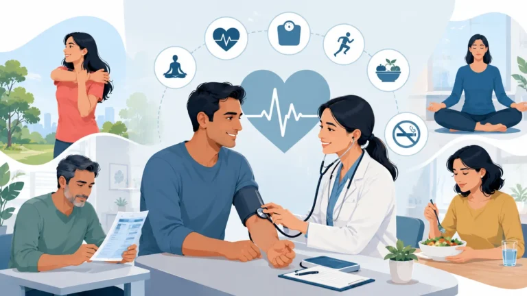 Illustration of adults undergoing routine early health checkups with a doctor, surrounded by wellness and preventive healthcare elements like healthy lifestyle, fitness, nutrition, and medical monitoring.
