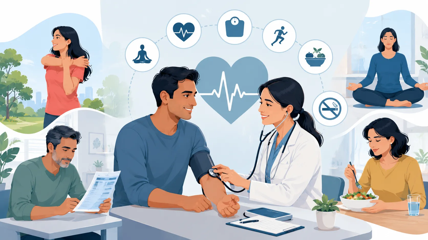 Illustration of adults undergoing routine early health checkups with a doctor, surrounded by wellness and preventive healthcare elements like healthy lifestyle, fitness, nutrition, and medical monitoring.