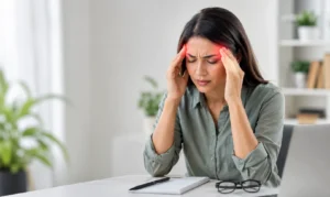 Woman suffering from frequent headache with neurological health illustration and medical consultation concept in a healthcare setting.