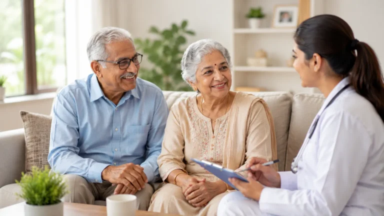 Doctor consulting with a happy elderly couple during a senior citizen health checkup at home