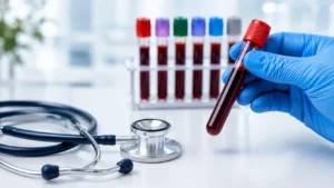 Close-up of sample collection for blood test tubes and medical diagnostic equipment during an annual health checkup in a modern laboratory.
