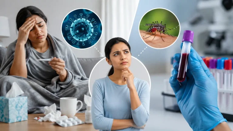 Dengue test consultation showing a patient discussing fever symptoms with a doctor during dengue screening evaluation