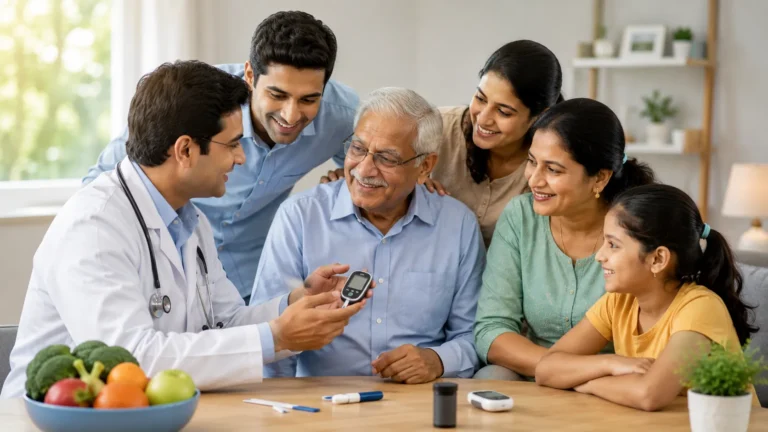 Doctor explaining early diabetes detection to a family during a preventive healthcare consultation