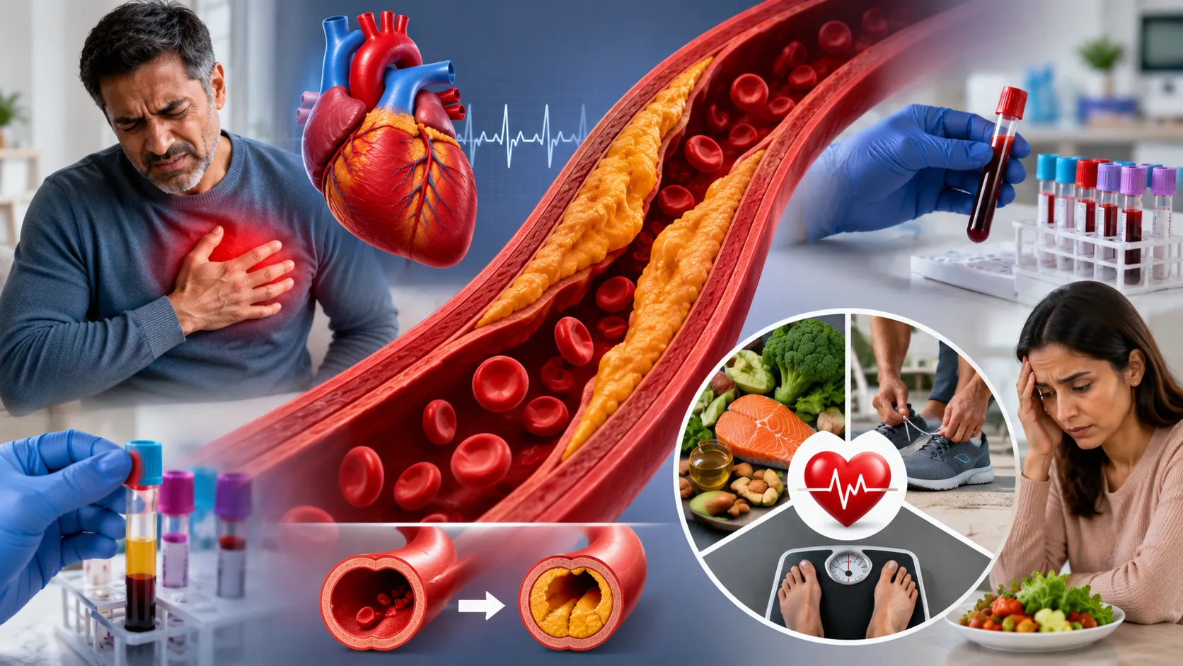 Lipid profile test consultation showing a doctor explaining cholesterol levels and heart health screening results to a patient