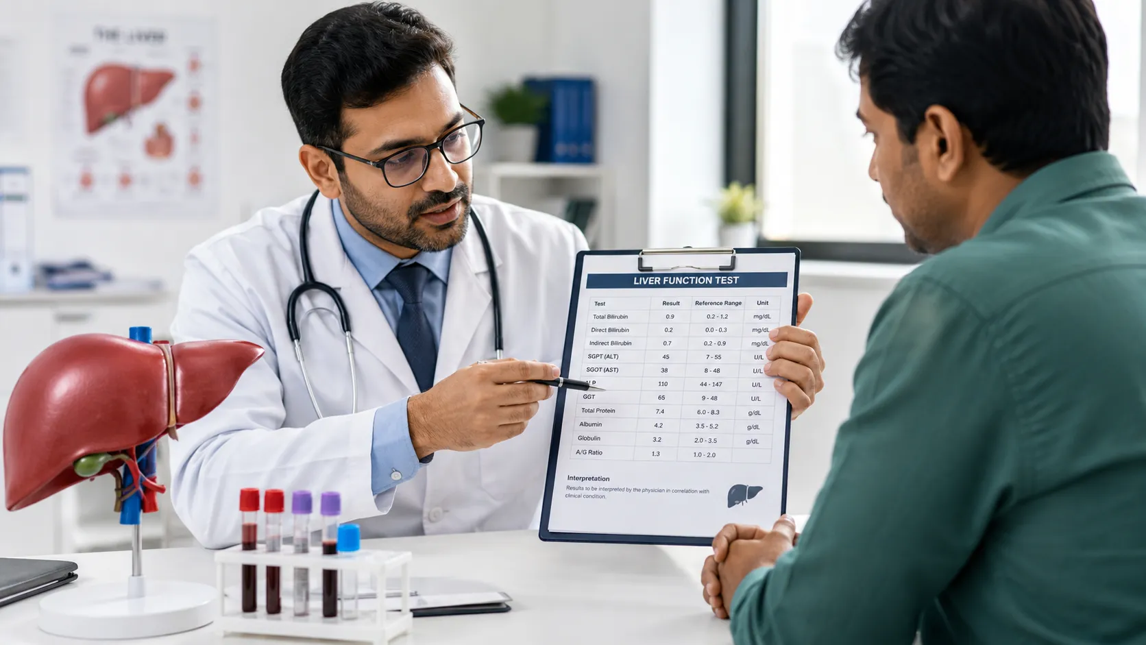 Liver Function Test consultation showing a doctor reviewing liver screening reports and discussing liver health with a patient