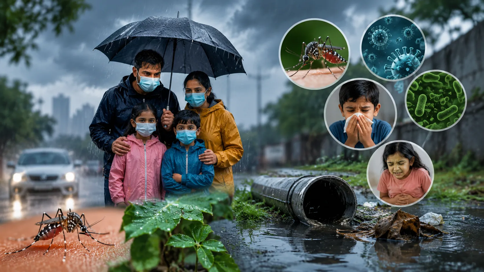 monsoon health risks family standing under an umbrella during heavy monsoon rain with mosquito breeding and seasonal disease risk factors visible in the surroundings.
