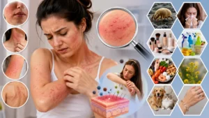 Skin Allergy consultation with a dermatologist examining persistent skin rashes and allergic reactions during a clinical skin assessment