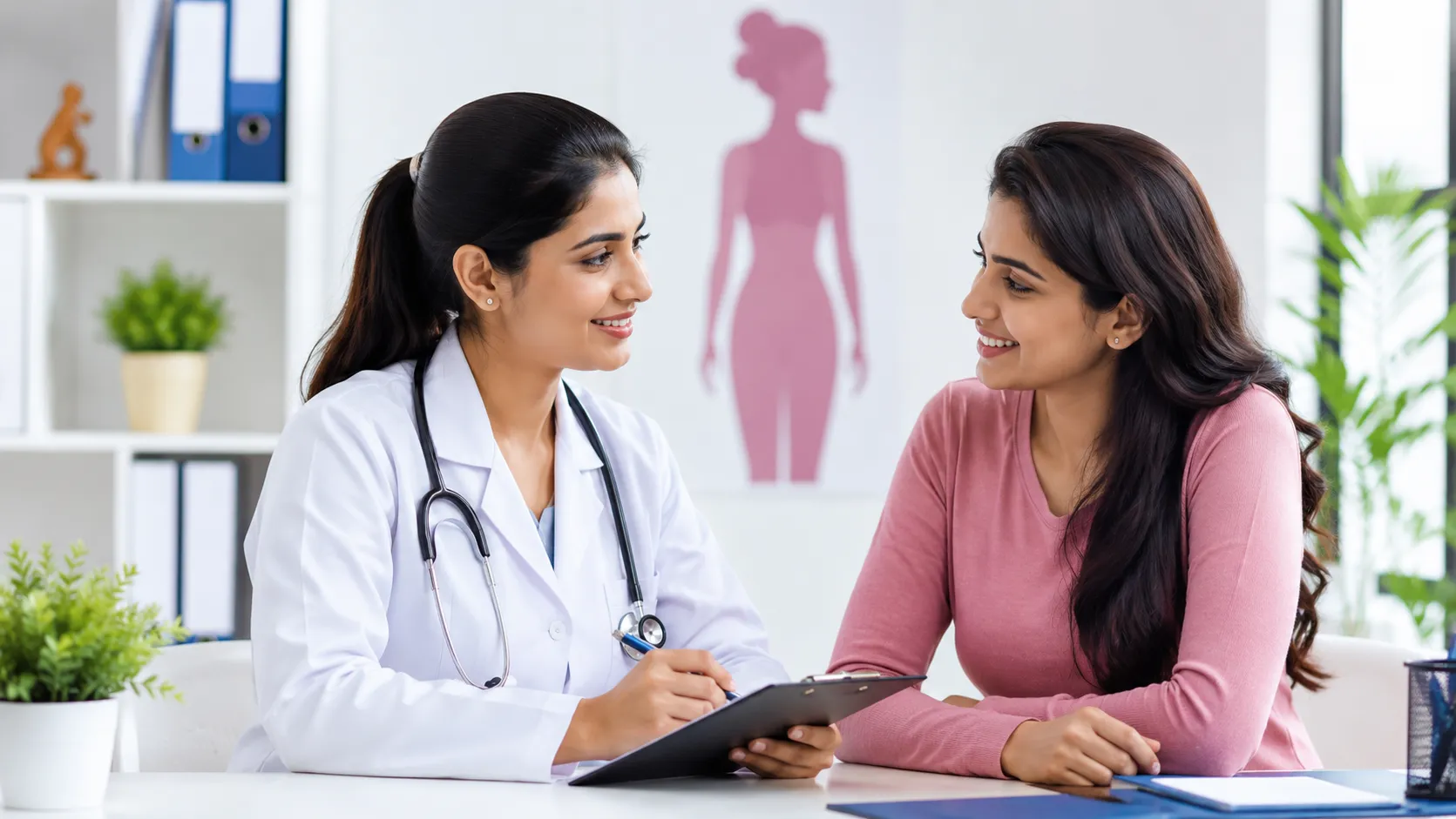Women Health Checkups consultation with a female doctor discussing preventive health screening and annual wellness assessment with a woman in a medical clinic.