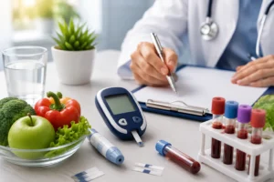 best diabetes test in kharagpur. Doctor reviewing Diabetes Screening reports with a patient during a Blood Sugar Test and HbA1c Test consultation