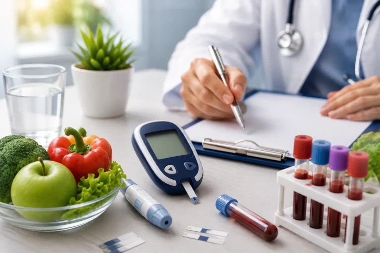 best diabetes test in kharagpur. Doctor reviewing Diabetes Screening reports with a patient during a Blood Sugar Test and HbA1c Test consultation