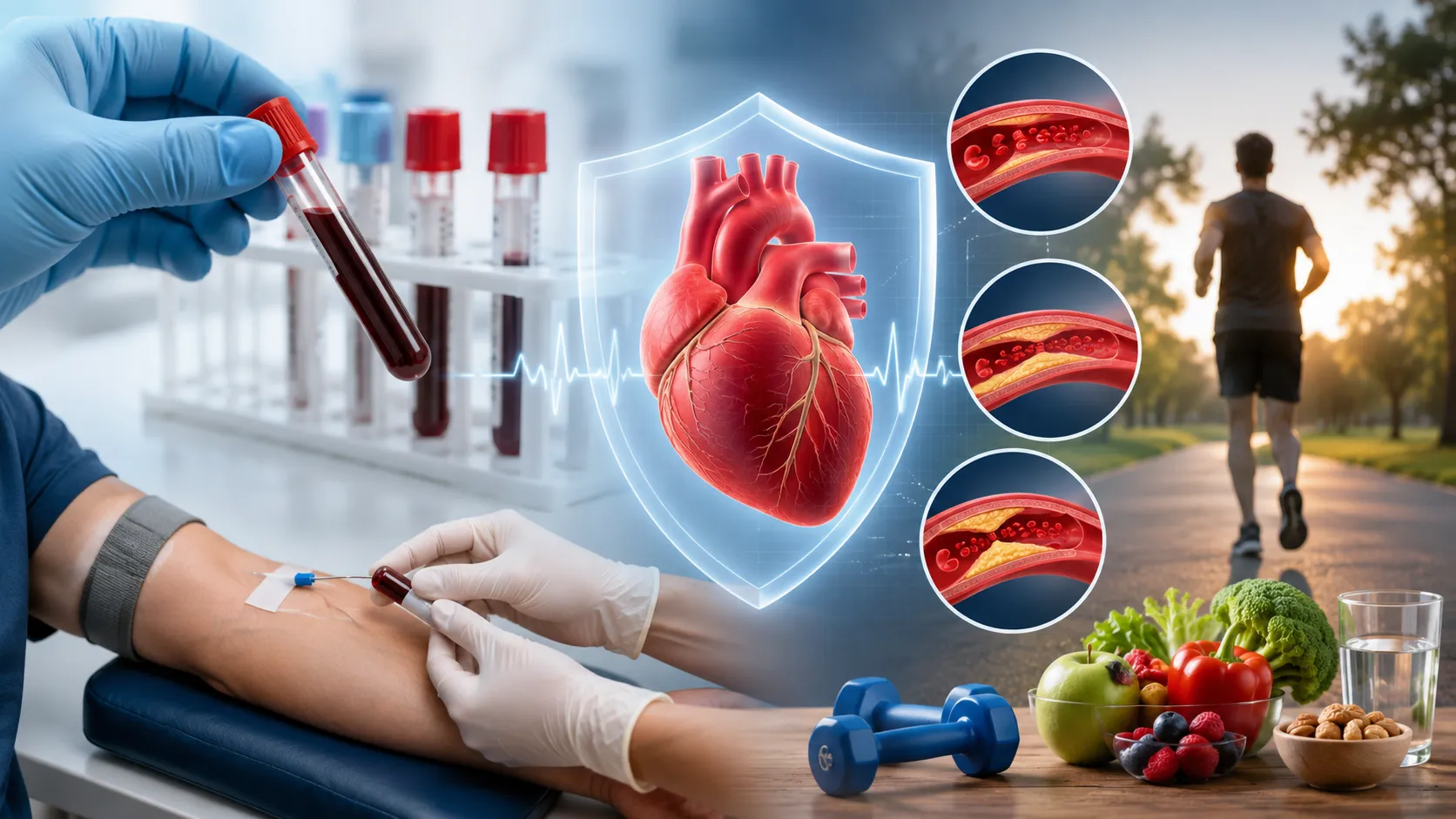 Early Cholesterol Test showing a blood sample collection, healthy heart illustration, artery health, and preventive lifestyle choices to reduce heart disease risk.