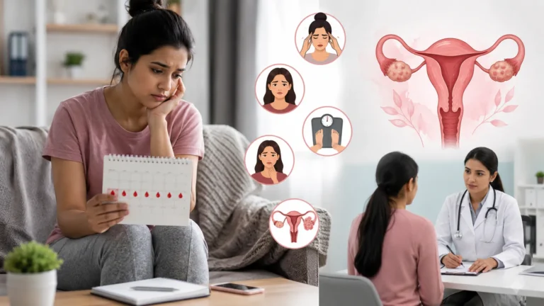 Young woman experiencing menstrual discomfort while reviewing a calendar, with subtle medical illustrations representing hormonal imbalance, irregular periods, and women's reproductive health.