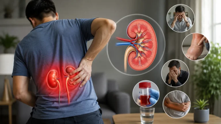 Kidney Disease Symptoms illustrated by a person experiencing lower back pain, swollen ankle, fatigue, urine sample, and kidney anatomy highlighting early warning signs of kidney disease.