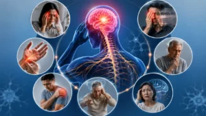 Person experiencing common neurology symptoms including severe headache, dizziness, numbness, and blurred vision with a highlighted brain and nervous system illustration