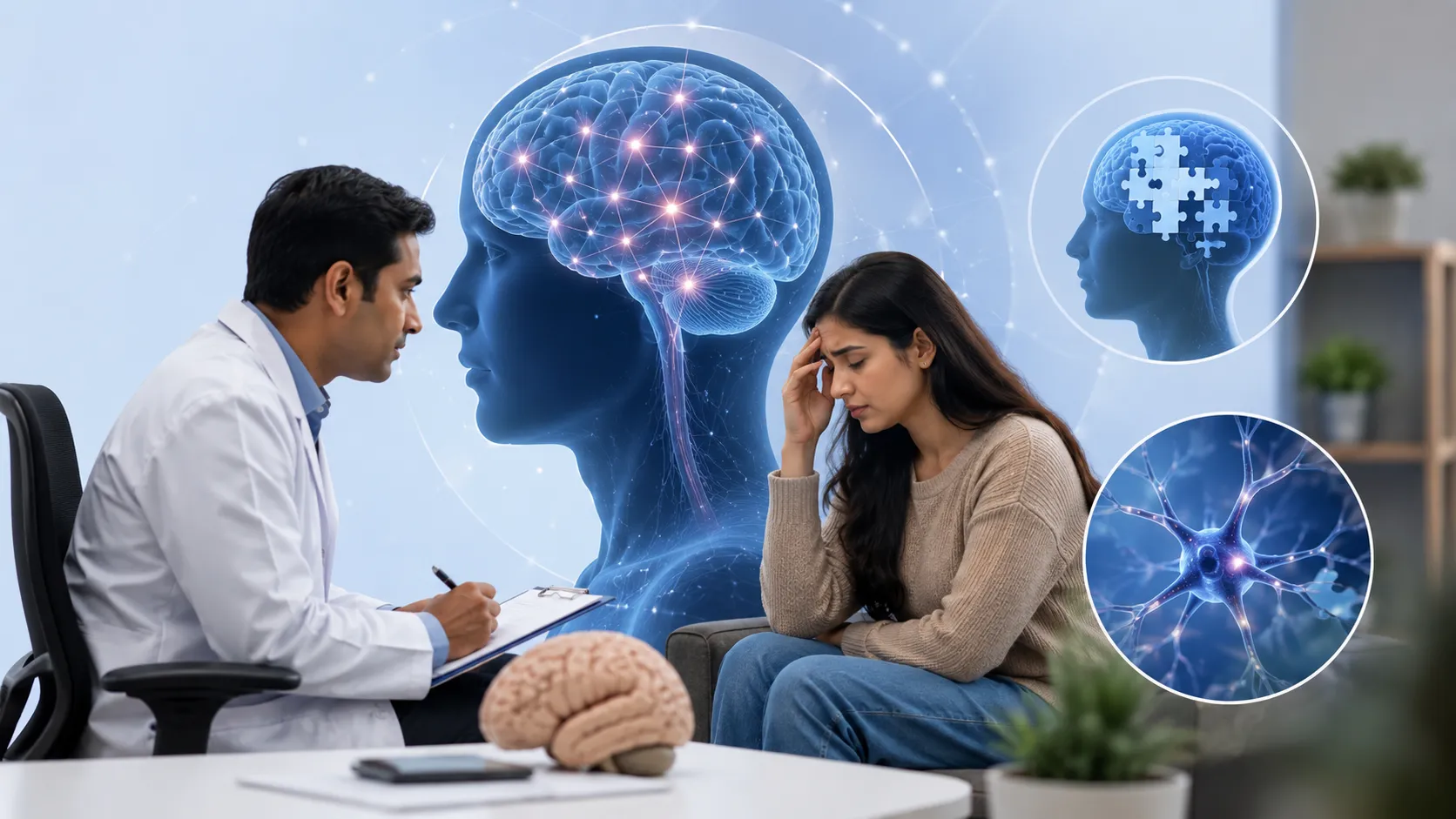Neuropsychiatry consultation showing a patient discussing anxiety symptoms and depression treatment with a mental health specialist in a calm clinical setting.