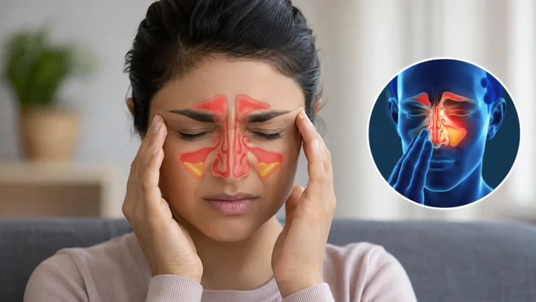 Person experiencing a sinus problem with facial pain and nasal congestion while an ENT specialist examines the nasal passages for sinus infection symptoms.