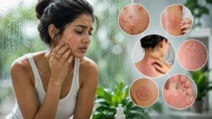 Person experiencing itchy skin rash and redness during humid weather with medical illustrations showing fungal skin infection, skin allergy symptoms, and healthy skin comparison.