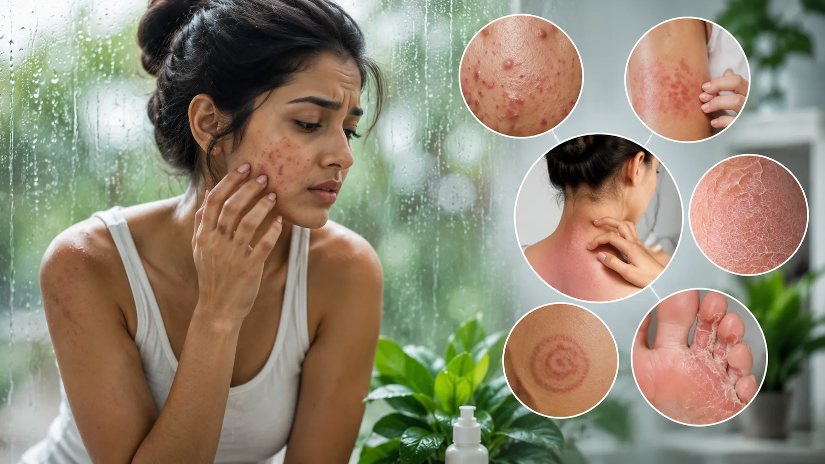 Person experiencing itchy skin rash and redness during humid weather with medical illustrations showing fungal skin infection, skin allergy symptoms, and healthy skin comparison.