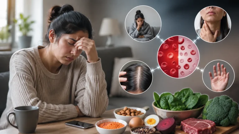 Person experiencing persistent fatigue and low energy with medical illustrations of Vitamin Deficiency Symptoms