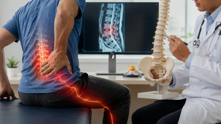 Patient discussing lower back pain and leg numbness with a neurosurgeon during a spine evaluation.