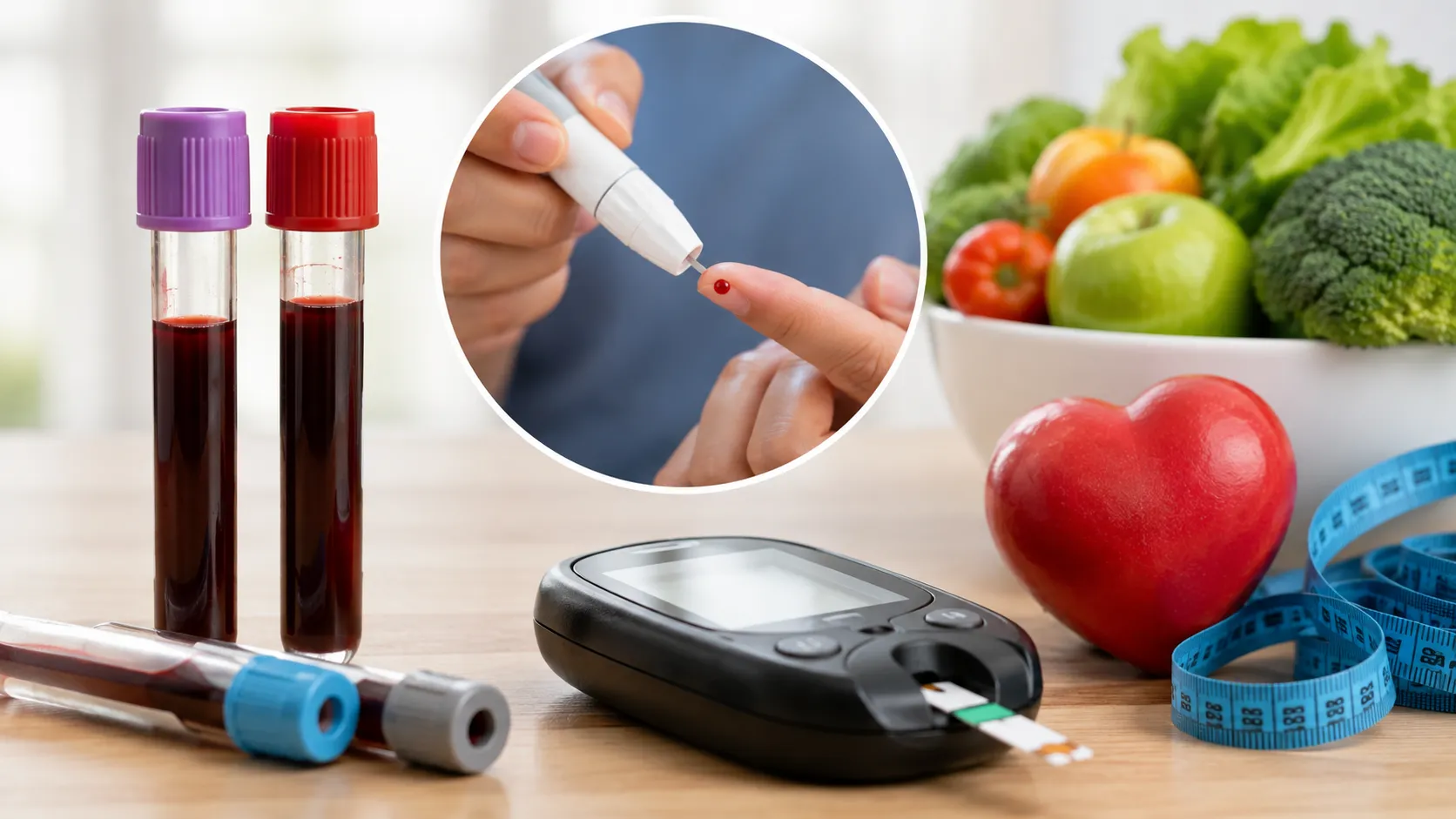 HbA1c test and fasting blood sugar samples being compared for diabetes screening and long-term blood glucose monitoring.