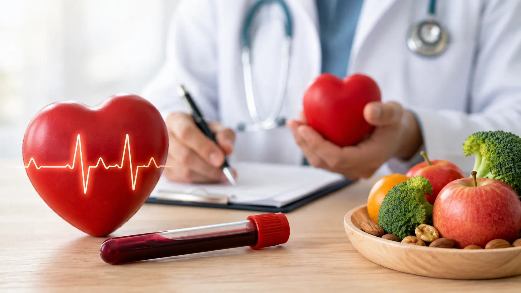 Doctor reviewing a normal lipid profile report with a patient while discussing cholesterol and overall heart disease risk.